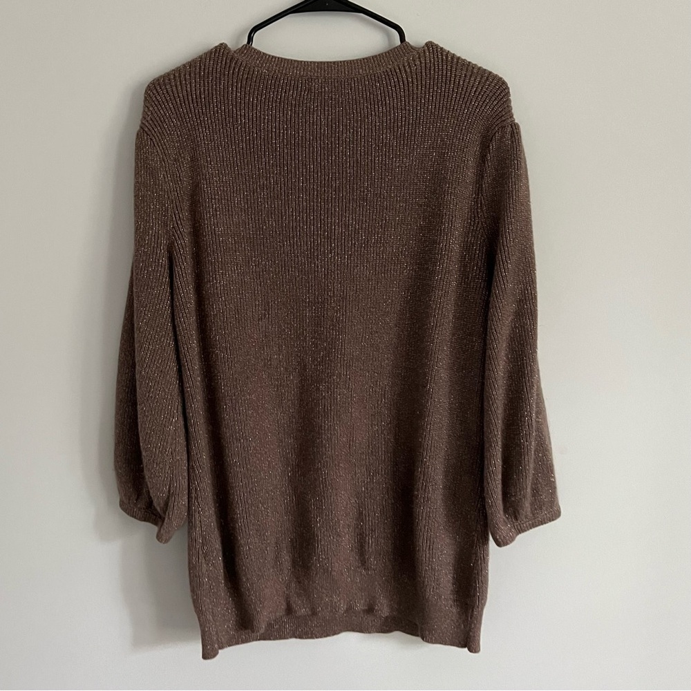New York & Company Brown Sparkle V Neck Balloon Sleeve Knit Sweater - Picture 4 of 5